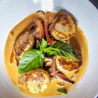 Diver Sea Scallops · with Red Curry and Thai Basil. Gluten Free.