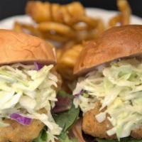 Beer Battered Fish Sliders · Fresh Beer Battered Fish, slaw, and greens, with hints of feta and macadamia nuts organic sp...