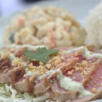 Seared Ahi Fish Plate Lunch · Wasabi cream sauce and mac nuts