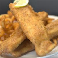 Fresh Fish & Chips · Beer Battered Fish served with curly fries and comes with a side of our house tarter and fry...
