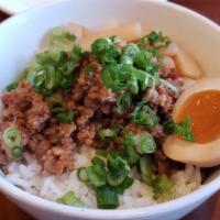 Tantan Don · Spicy ground pork over the Rice with bamboo shoot and half soft boiled egg.