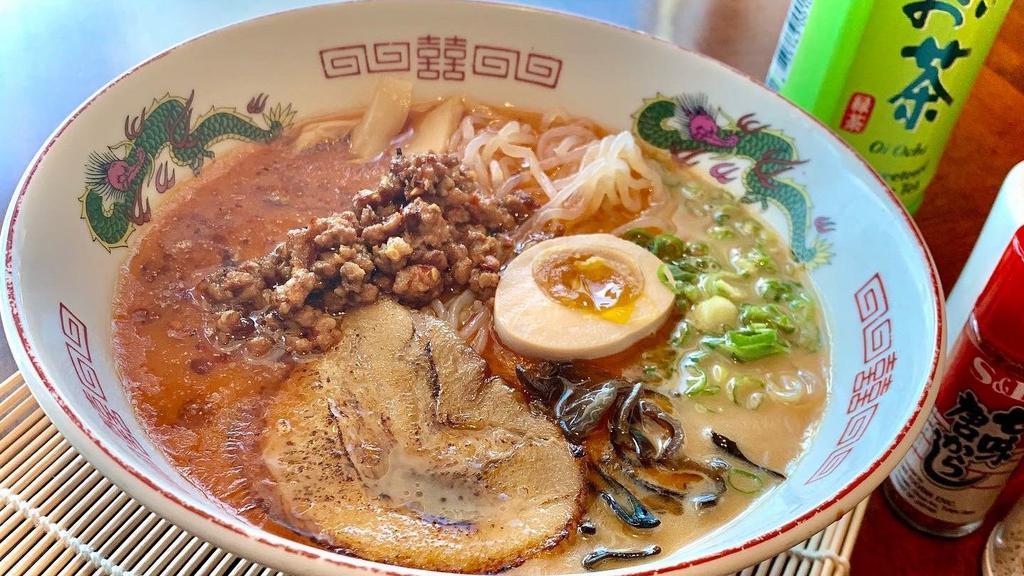 Spicy Miso Ramen (Spicy Miso Base) · Spicy. Tonkotsu (pork) broth noodles with spicy miso dashi, topped with pork belly chashu, kikurage mushrooms, menma, and scallions and half soft boiled egg.
