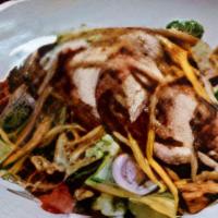 Ensalada De Pollo Asado | Grilled Chicken Salad · Grilled chicken breast over mixed greens, avocado, tomatoes, red onion, black beans & corn, ...