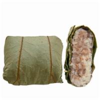 珍珠雞 Lotus Leaf Wrap · Sticky rice mixed with Chinese sausage, mushroom, and pork wrapped in lotus leaves.