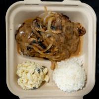 Hamburger Steak · Plate comes with 1 scoop rice and 1 scoop Mac salad 2 homemade hamburger patties topped with...