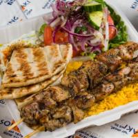 Chicken Souvlaki Platter · Two sticks of our hand skewered chicken souvlaki over our handcut fries or yellow rice.
Come...