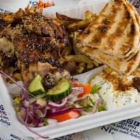 Chicken Gyro Platter · Double portion of our slow roasted, hand-stacked chicken gyro over our handcut fries or yell...