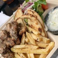 Pork Gyro Platter · Double portion of our slow roasted, hand-stacked pork gyro over our Hand Cut fries or yellow...