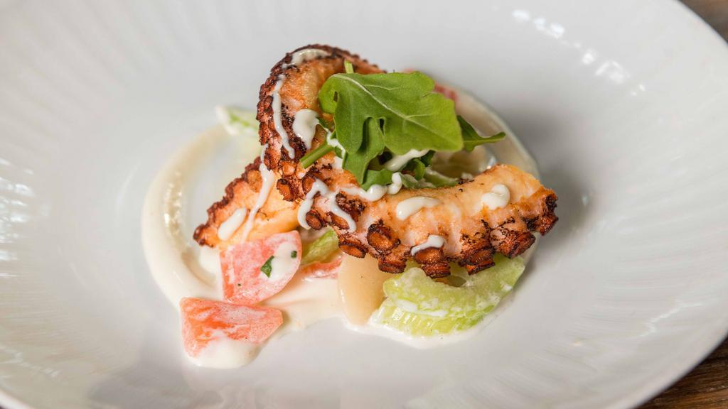 Polpo · Grilled octopus with cannellini beans, celery and lemon aioli.