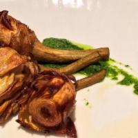 Carciofi All Giudea · Fried artichokes in the roman Jewish style with parsley pesto.