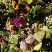 Mood Indigo · Shaved kale, rainbow quinoa, carrots, cucumber, sunflower seeds, red onion, dried cranberrie...