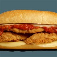 Hot Hoagies - Breaded Chicken Strips - Chicken Parmesan *Sauce Contains Pork & Beef* · Contains: Provolone, Chicken Strips, Tomato Sauce, Grated Parmesan
