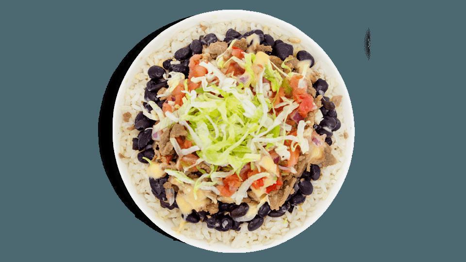 Signature Recipes - Beef Burrito Bowl · Contains: Cheddar Cheese Sauce, Beef Steak, Creamy Chipotle, Fresh Salsa, Lettuce