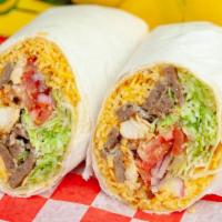 Mix Burrito Wrap · Served with rice, lettuce, tomato, onion and white sauce in a wrap .