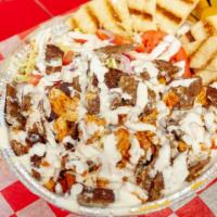 Mix Platter · Favorite. Served with rice, lettuce, tomato, onion with pita slices and white sauce.