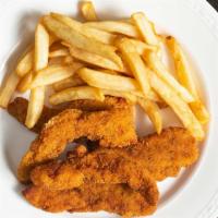 Fried Chicken Fingers · Tender breaded chicken breast strips fried golden brown and served with French fries.