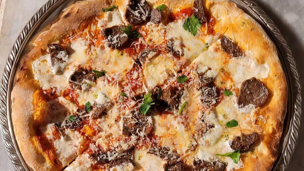 Baby Meatball Pizza (Polpettine) · Baby meatballs, San Marzano, fresh basil, mozz, basil oil