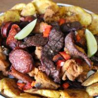 Carne, Cerdo, Pollo & Tostone · Beef, Pork, Chicken & Plantains(Serves for two people.)