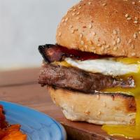 Recovery · Fried egg, reduced fat cheddar cheese, and turkey bacon on a whole wheat bun. Served with cr...