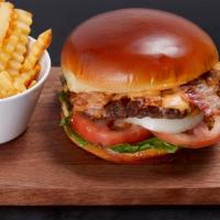 Joe'S Fave · Sharp cheddar cheese, hickory smoked bacon, signature sauce, lettuce, tomato, and onion on a...