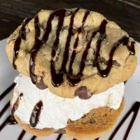 Cookie Sandwich · two homemade chocolate chip cookies, vanilla ice cream, topped with chocolate sauce