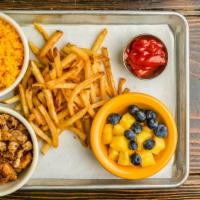 Kids Chicken And Rice Bowl · Served with French fries and fresh fruit.