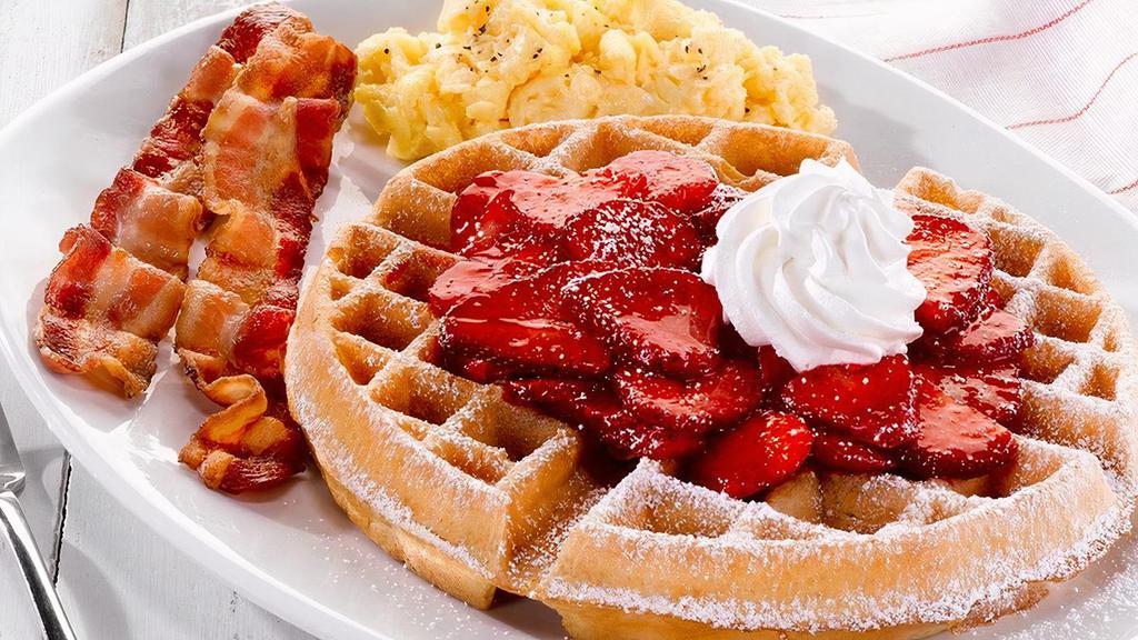 Fresh Strawberry Belgian Waffle Platter · A made from scratch Belgian Waffle topped with fresh glazed strawberries, powdered sugar and whipped topping. Served with two eggs* and choice of two Applewood. smoked bacon strips or two sausage links.