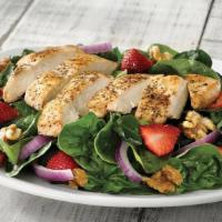 Fresh Strawberry, Walnut & Grilled Chicken Salad · Garden fresh spinach with grilled chicken, fresh strawberries, red onions and candied walnut...