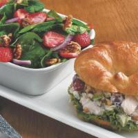 Sonoma Chicken Salad Croissant With Strawberry Salad · A flaky, buttery croissant loaded with a blend of roasted pulled chicken , red grapes, celer...