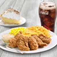 Chicken Strips Dinner · Crispy chicken breast strips with Honey Mustard dipping sauce. Served with two dinner sides,...