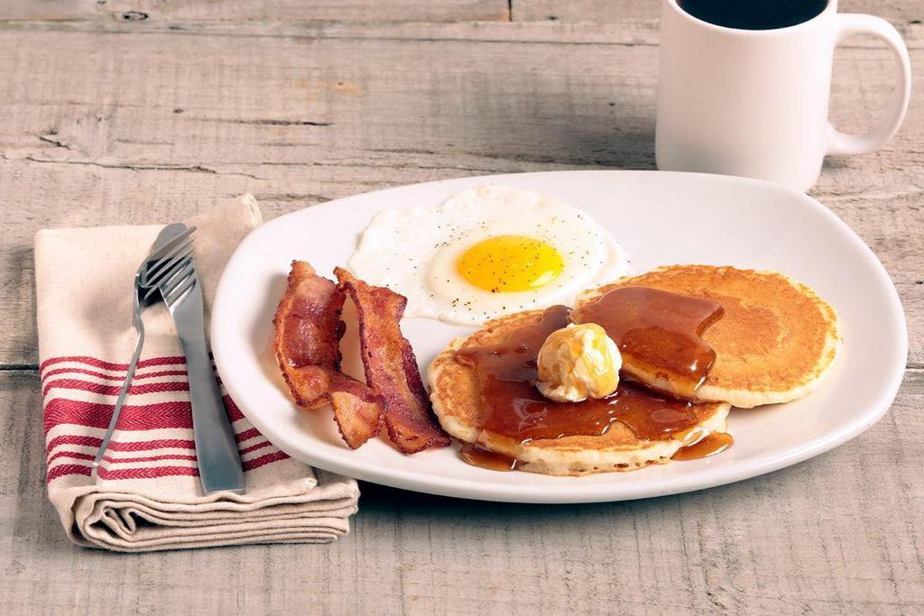 Fabulous Five · One egg*, two Applewood smoked bacon strips and choice of two buttermilk pancakes or buttered toast..