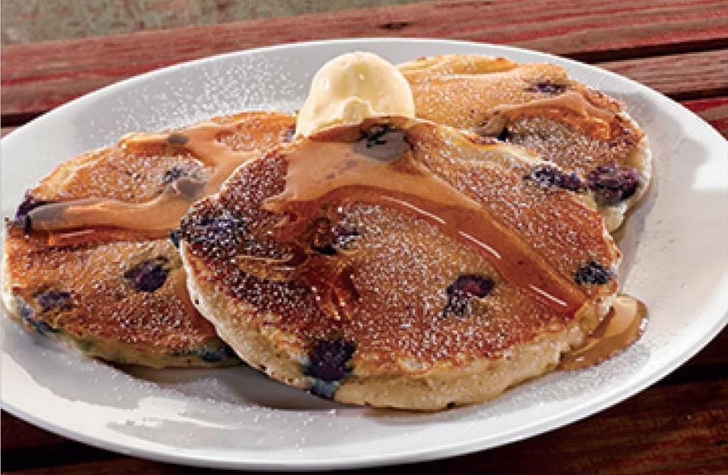 Blueberry Pancakes · Enjoy three blueberry buttermilk pancakes. No sides.