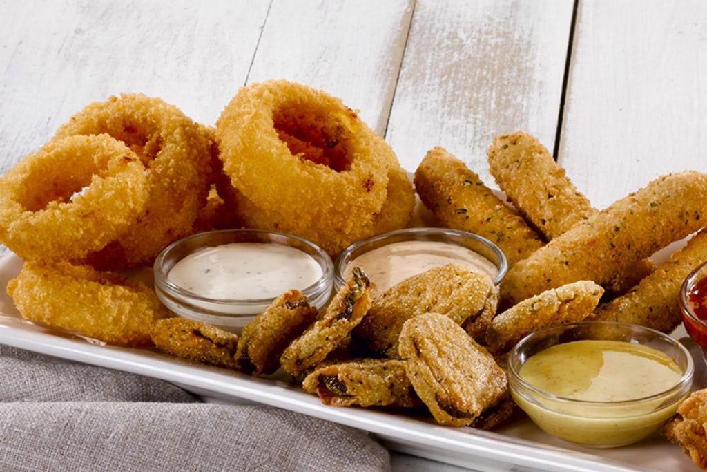 Build Your Own Sampler Pick 3  · Chicken Strips with Honey Mustard, Onion Rings with Chipotle Ranch, MozzaSticks with Marinara, Fried Pickles with Ranch, Crispy Fries or Crispy Tots..