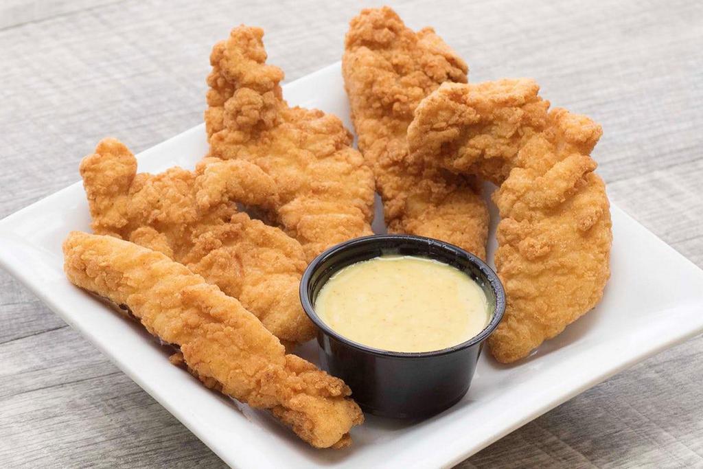 Chicken Strips · Crispy, all white meat chicken breast strips served with Honey Mustard dipping sauce..