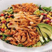 Southwest Avocado · A fresh-Mex salad with blackened chicken, black bean corn relish, American cheese and fresh ...