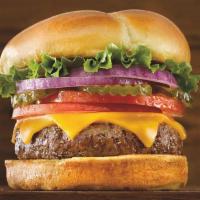 Classic Cheeseburger · Cheddar cheese, lettuce, tomato, sweet red onions and pickles on a warm brioche bun.  100% A...