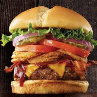 Bbq Tangler Burger · 100% Angus beef prepared medium well with a sweet BBQ sauce, Cheddar cheese, Applewood smoke...