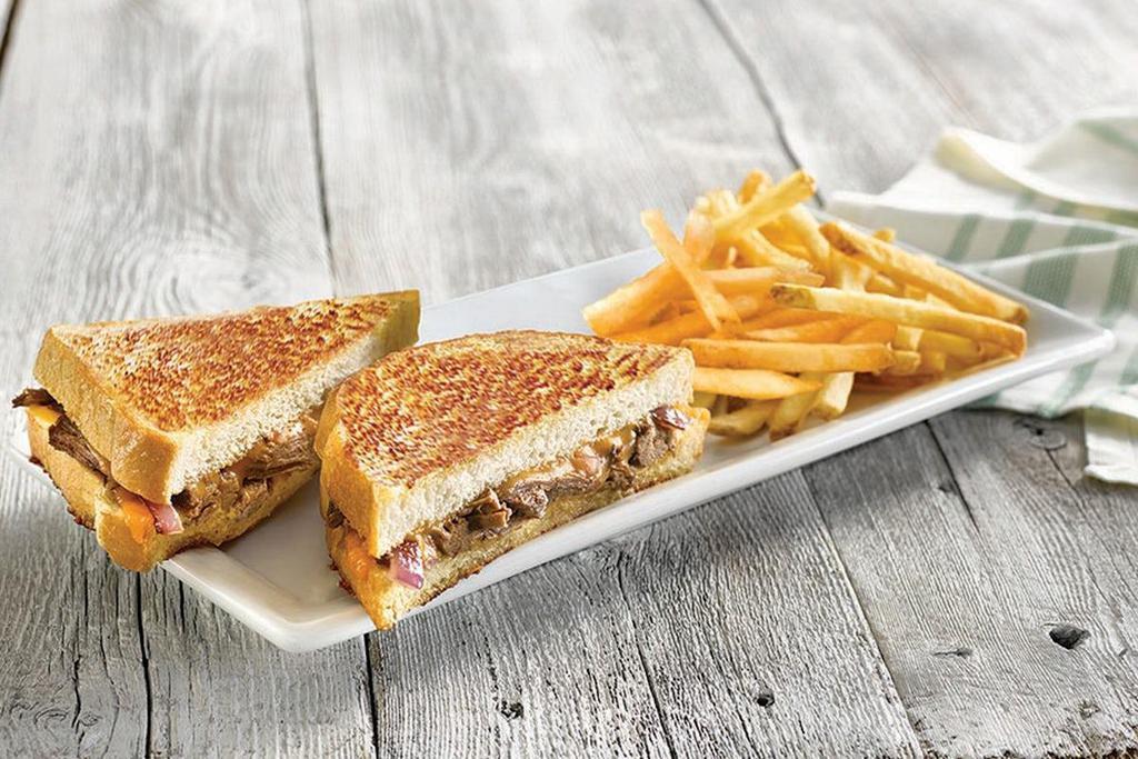 Pot Roast Melt · Tender braised beef, grilled red onions, melted Cheddar cheese on grilled sourdough bread.