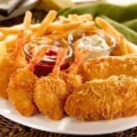 Double Catch · Two crispy cod fillets with four jumbo fried shrimp.  Served with fries, cocktail and tartar...