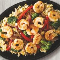 Hibachi Grilled Shrimp Skillet · Teriyaki-glazed grilled shrimp, stir-fried with red bell peppers, red onions and broccoli, a...
