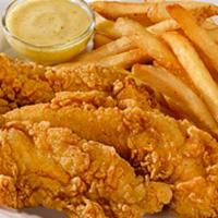 Chicken Strips · Three crispy chicken strips with Honey Mustard for dipping, served with choice of one side. .
