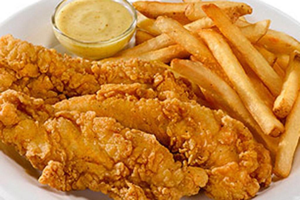 Chicken Strips · Three crispy chicken strips with Honey Mustard for dipping, served with choice of one side. .