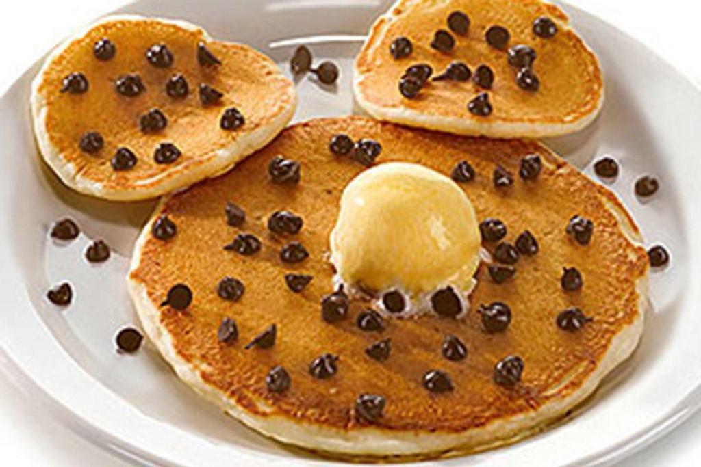 Perky Bear Pancakes · Bear shaped pancakes sprinkled with mini chocolate chips, served with choice of one side..