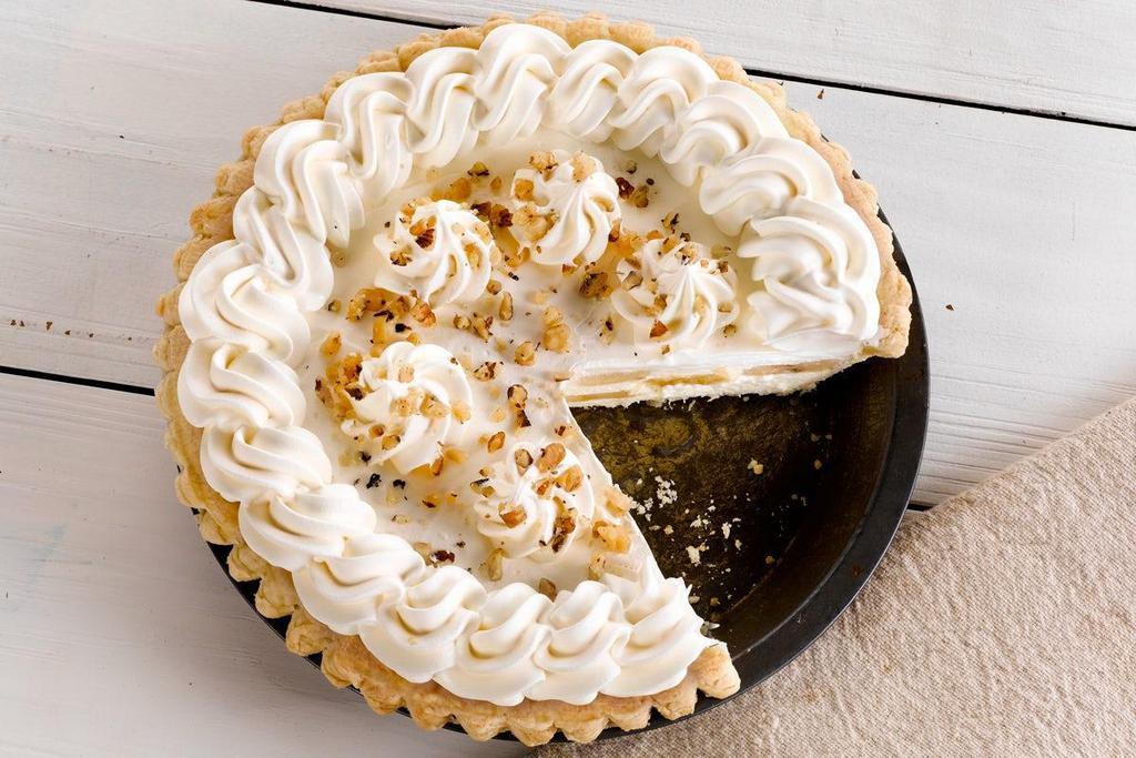Banana Cream Pie · Loaded with hand-sliced bananas and topped with real whipped cream and chopped walnuts.. (700 cal/slice). Serves six or more! .