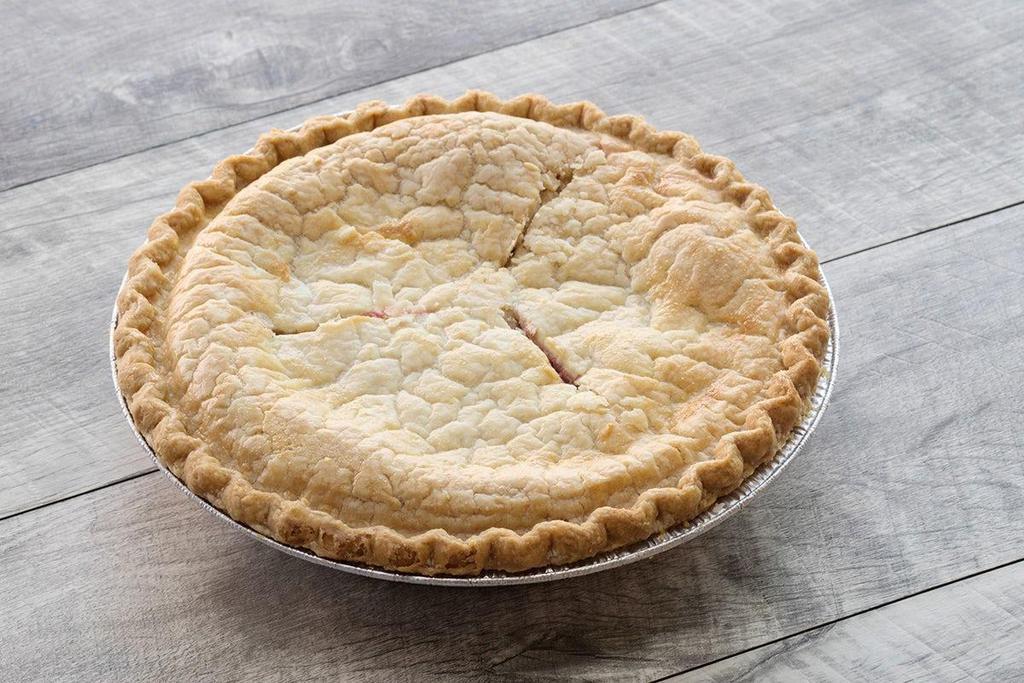 Cherry Pie · Sweet and tangy cherries baked inside a golden double crust. (580 cal/slice). Serves six or more!