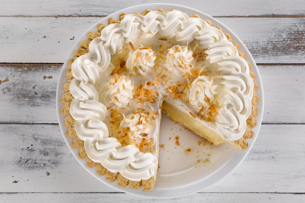 Coconut Cream Pie · Shredded coconut in a vanilla filling, topped with real whipped cream. (640 cal/slice). Serves six or more! .
