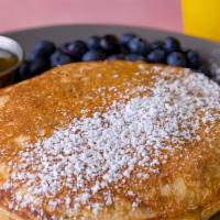 Blueberry Pancakes · Blueberries INSIDE.
Powdered Sugar ON TOP.
Maple Butter Syrup ON THE SIDE.