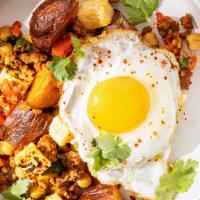 Grilled Halloumi & Chorizo Bowl · Chickpeas, potatoes, roasted red pepper, parsley, cilantro + cage-free egg