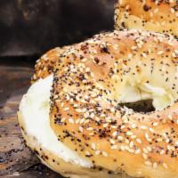 Everything Bagel With Cream Cheese · Fresh homemade everything bagel smothered with cream cheese. Choice of add-ons available.
