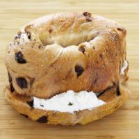 Cinnamon Raisin Bagel With Cream Cheese · Fresh cinnamon raisin bagel smothered with cream cheese. Choice of add-ons available.